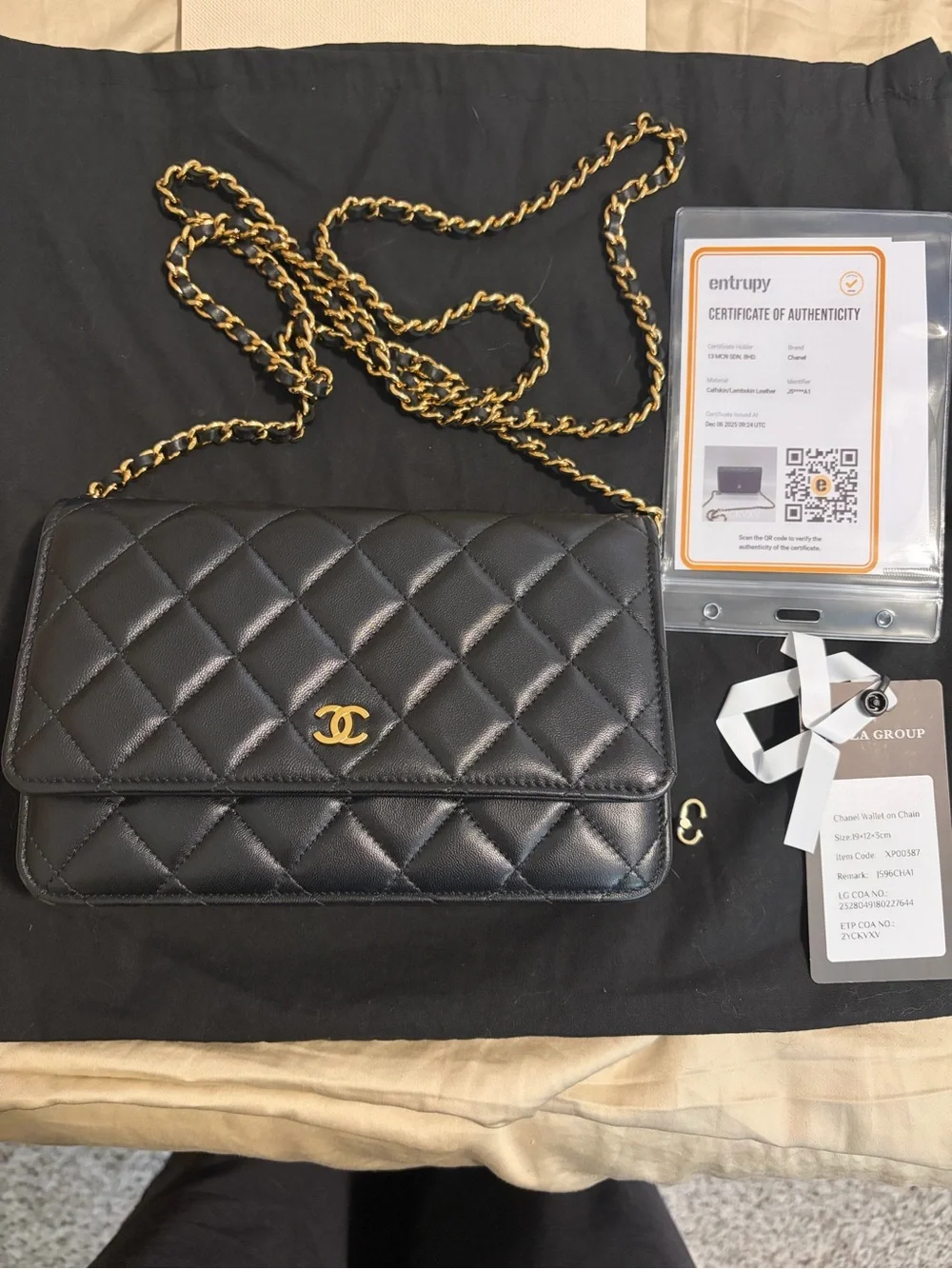 CHANEL Black Quilted Leather Wallet-on-Chain with Gold Hardware